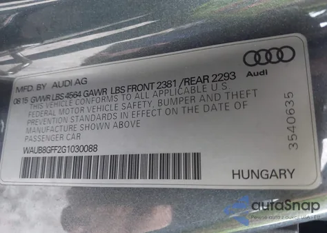 2016 Audi A3 2.0T Premium z USA, uszkodzony, nr VIN WAUB8GFF2G1030088